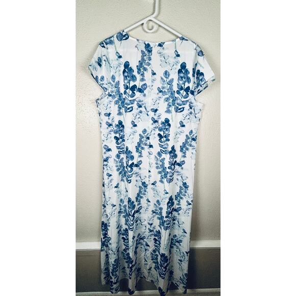 Floral Womens Sz XXL Caftan Muumuu Maxi Dress Tall White Blue Cover Up - Picture 3 of 4